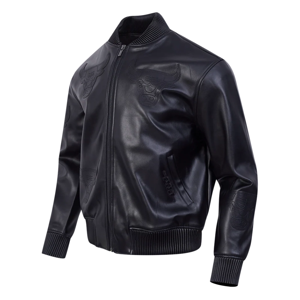 Washed vanguard chicago bulls leather zipper bomber jacket