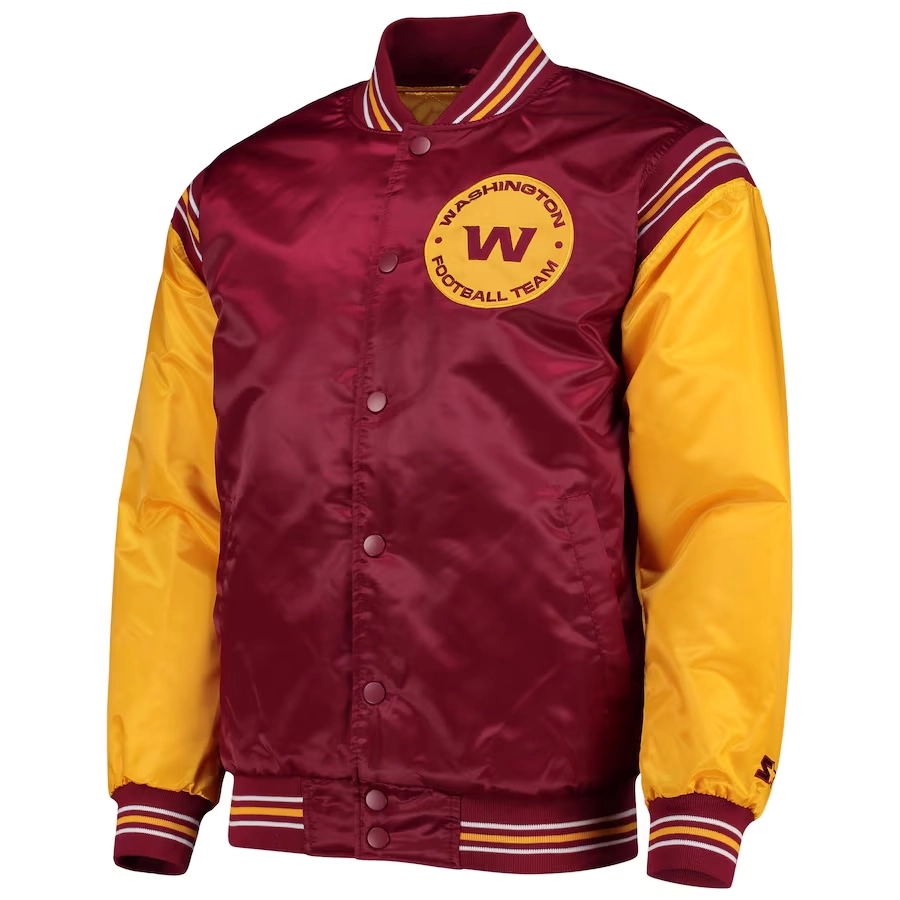 Washington commanders enforcer full snap satin varsity jacket maroonyellow 1