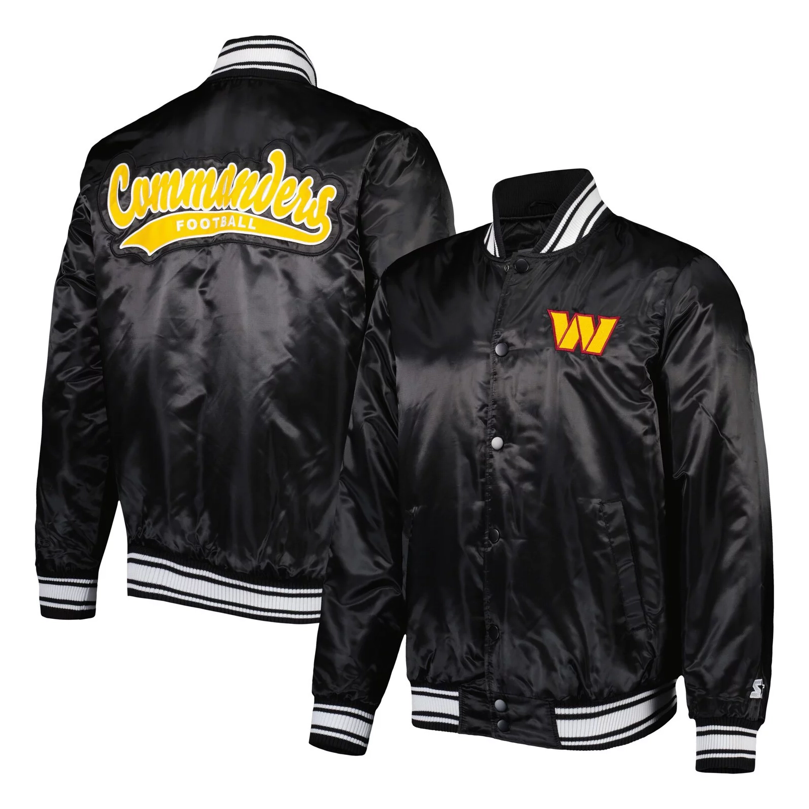 Washington commanders locker room big logo satin varsity jacket black 3