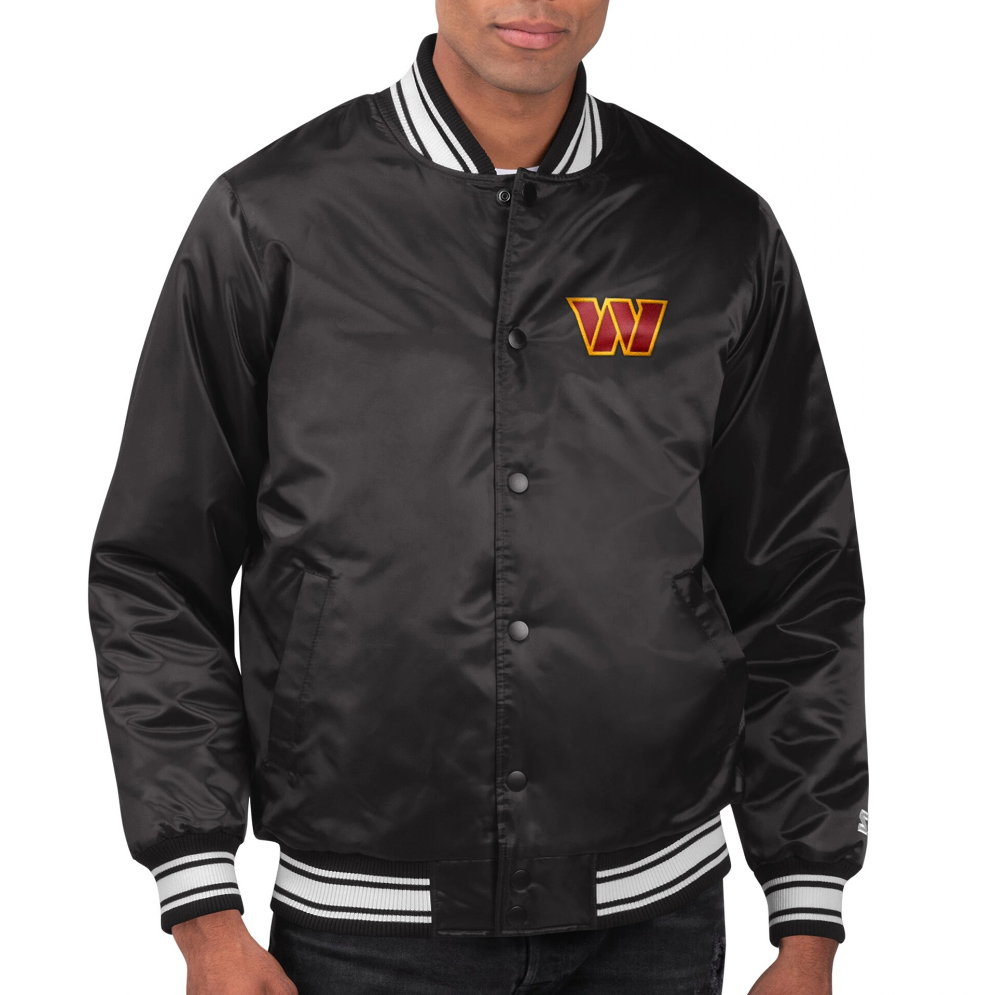 Washington commanders locker room satin varsity jacket black 1