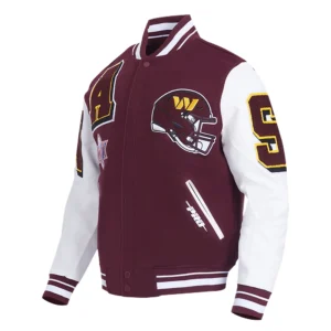 Washington commanders mashup rib wool leather varsity jacket maroon white 1