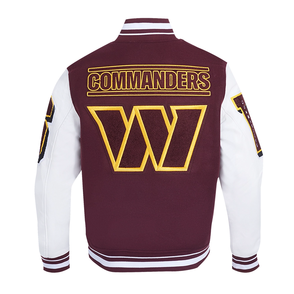 Washington commanders mashup rib wool leather varsity jacket maroon white 2