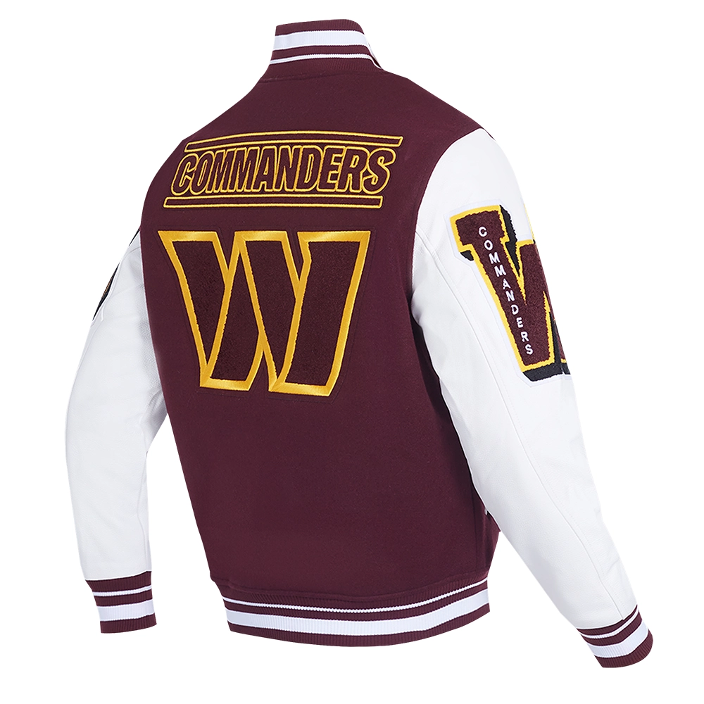 Washington commanders mashup rib wool leather varsity jacket maroon white 3