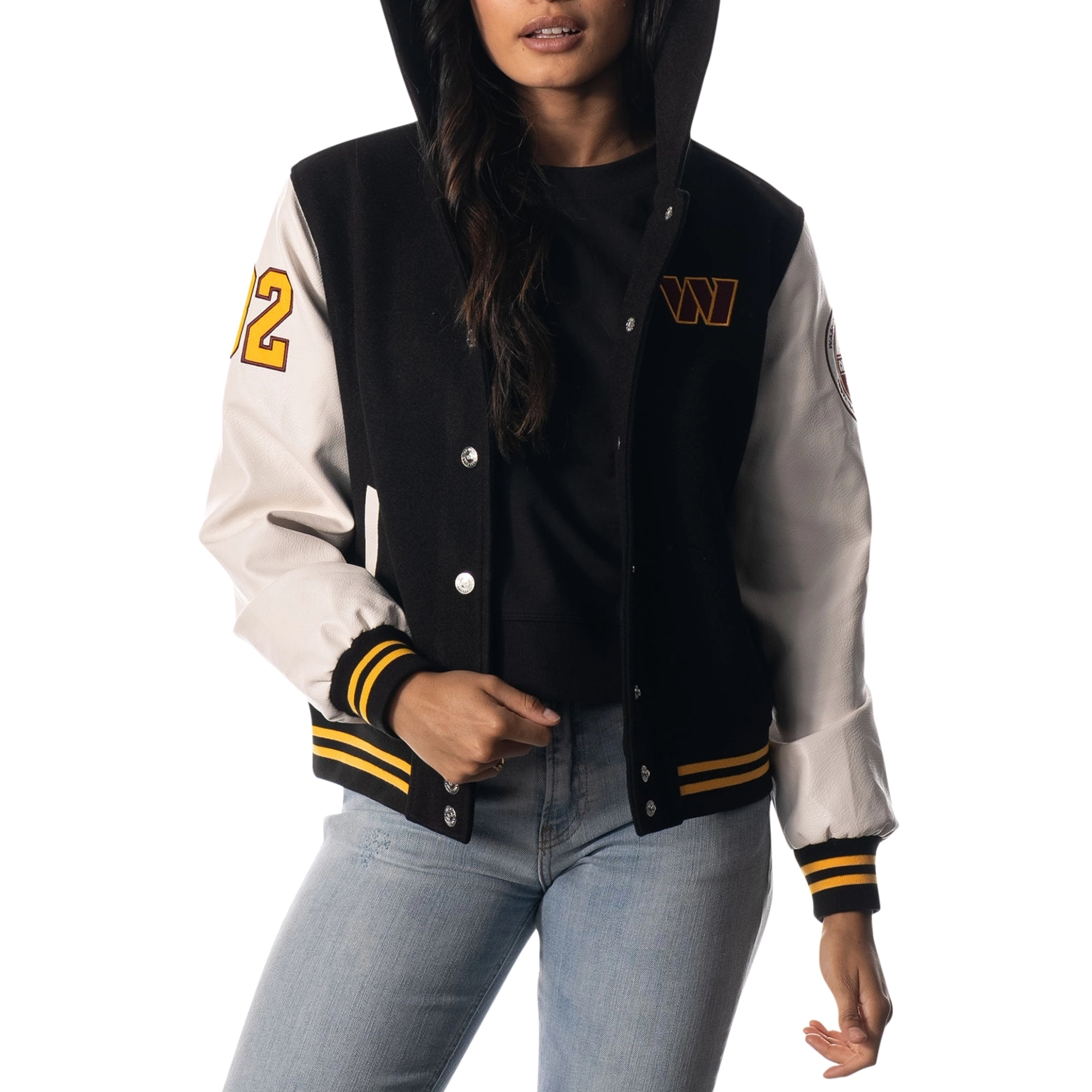Washington commanders womens sailor full snap hooded varsity black white jacket 1 1