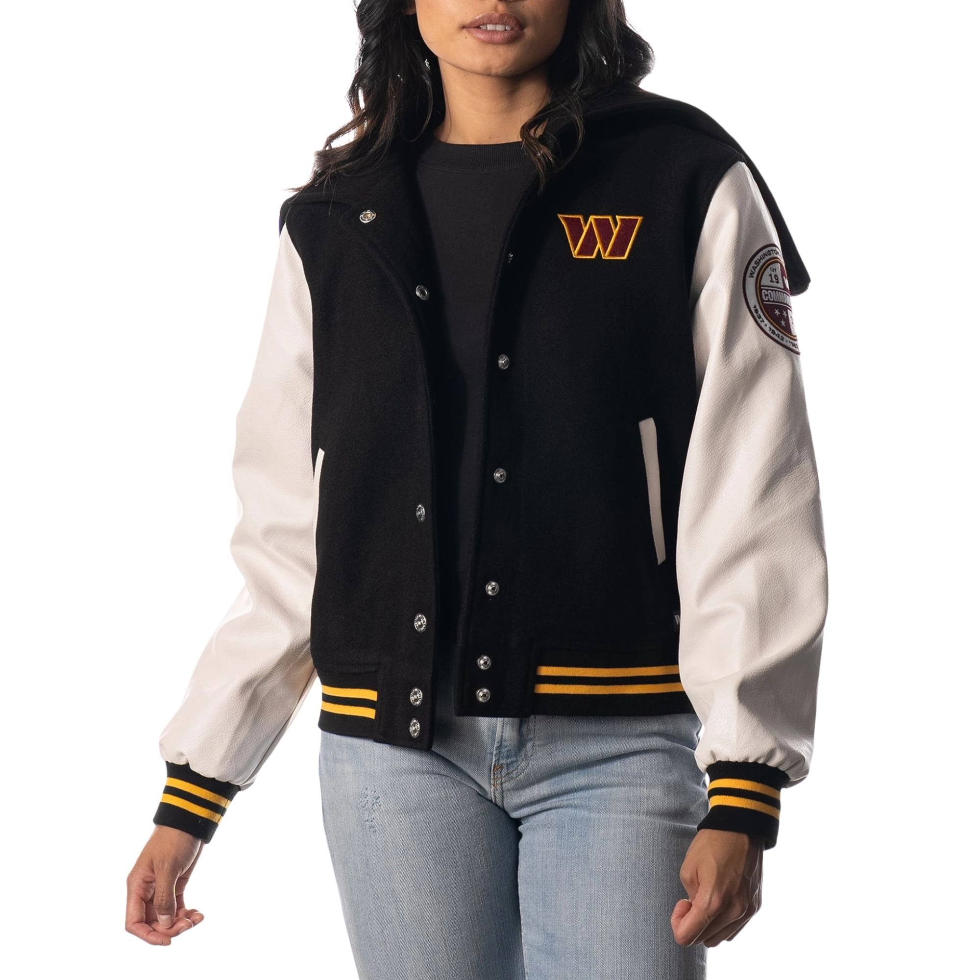 Washington commanders womens sailor full snap hooded varsity black white jacket 1