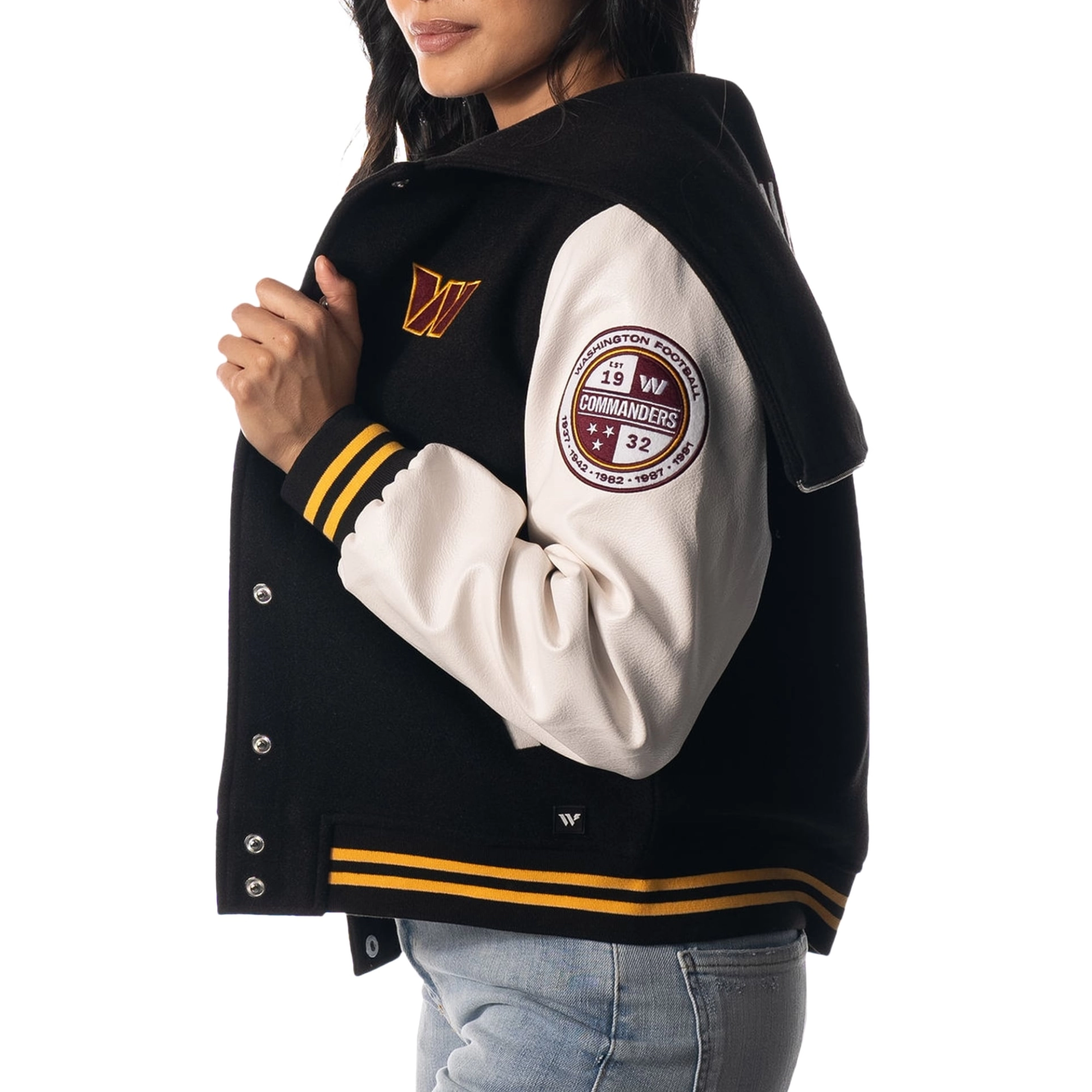 Washington commanders womens sailor full snap hooded varsity black white jacket 2 1