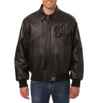 Washington Nationals Shirt Collar Black Leather Bomber Jacket