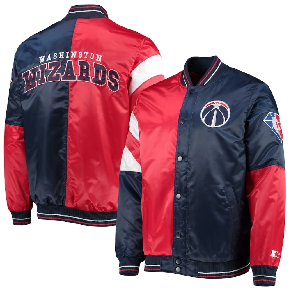 Washington wizards leader satin varsity jacket red navy 3