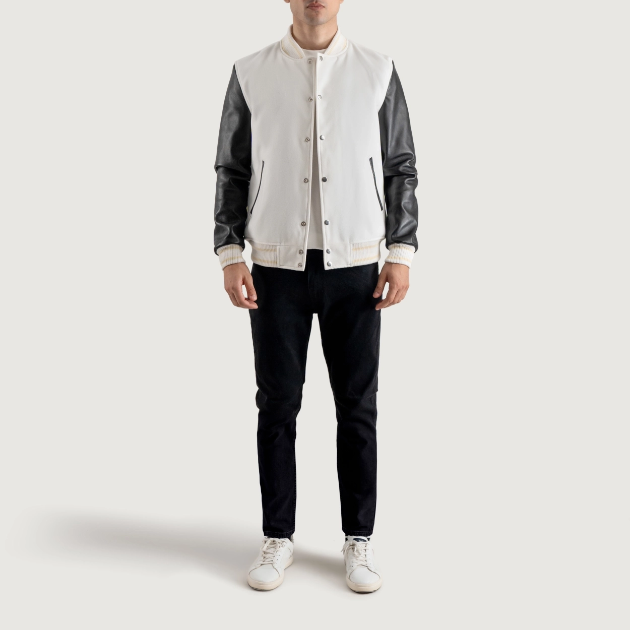 White and black varsity letterman jacket 4