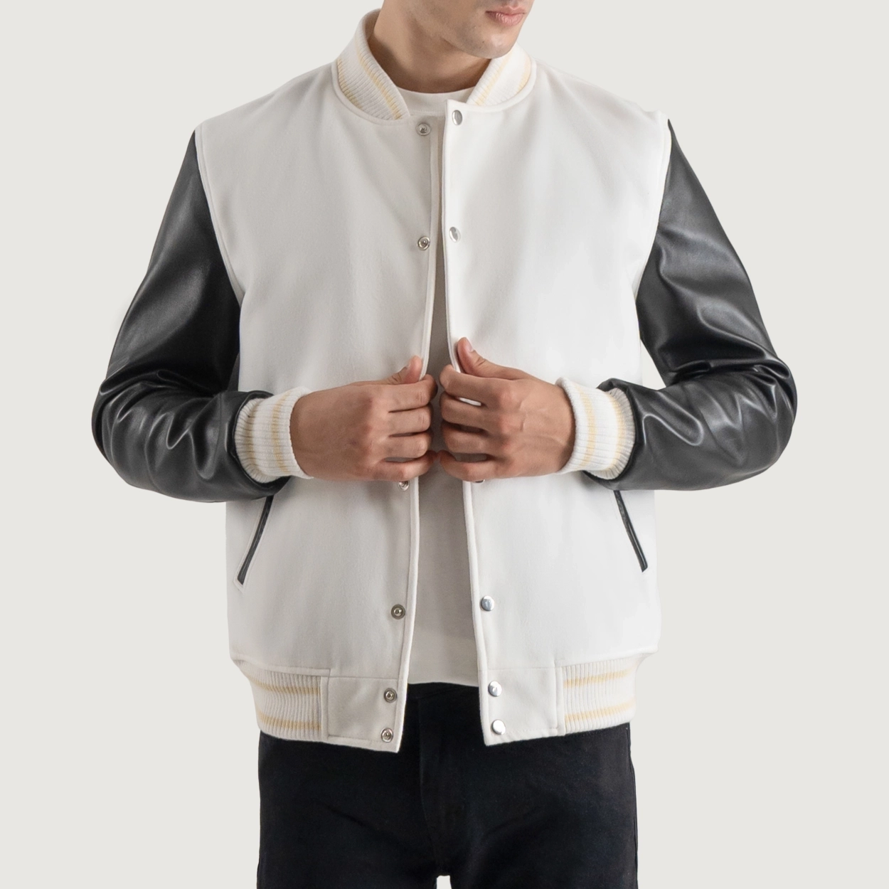 White and black varsity letterman jacket 5