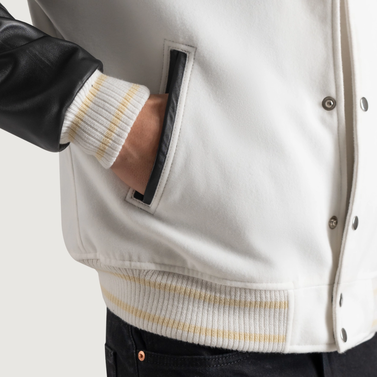 White and black varsity letterman jacket