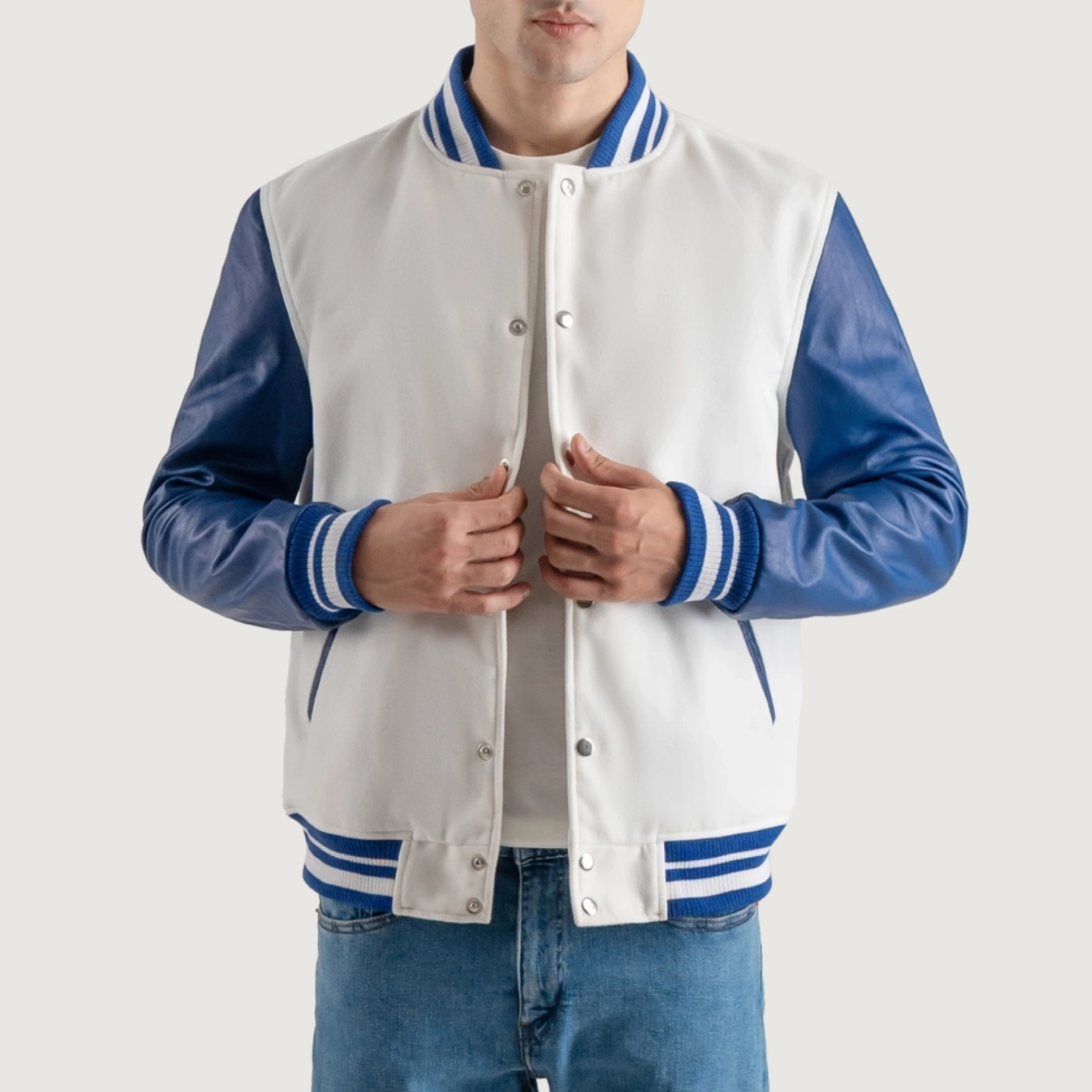 White and blue varsity letterman jacket 1