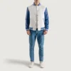 White and blue varsity letterman jacket