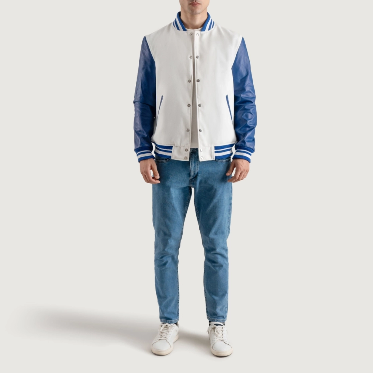 White and blue varsity letterman jacket