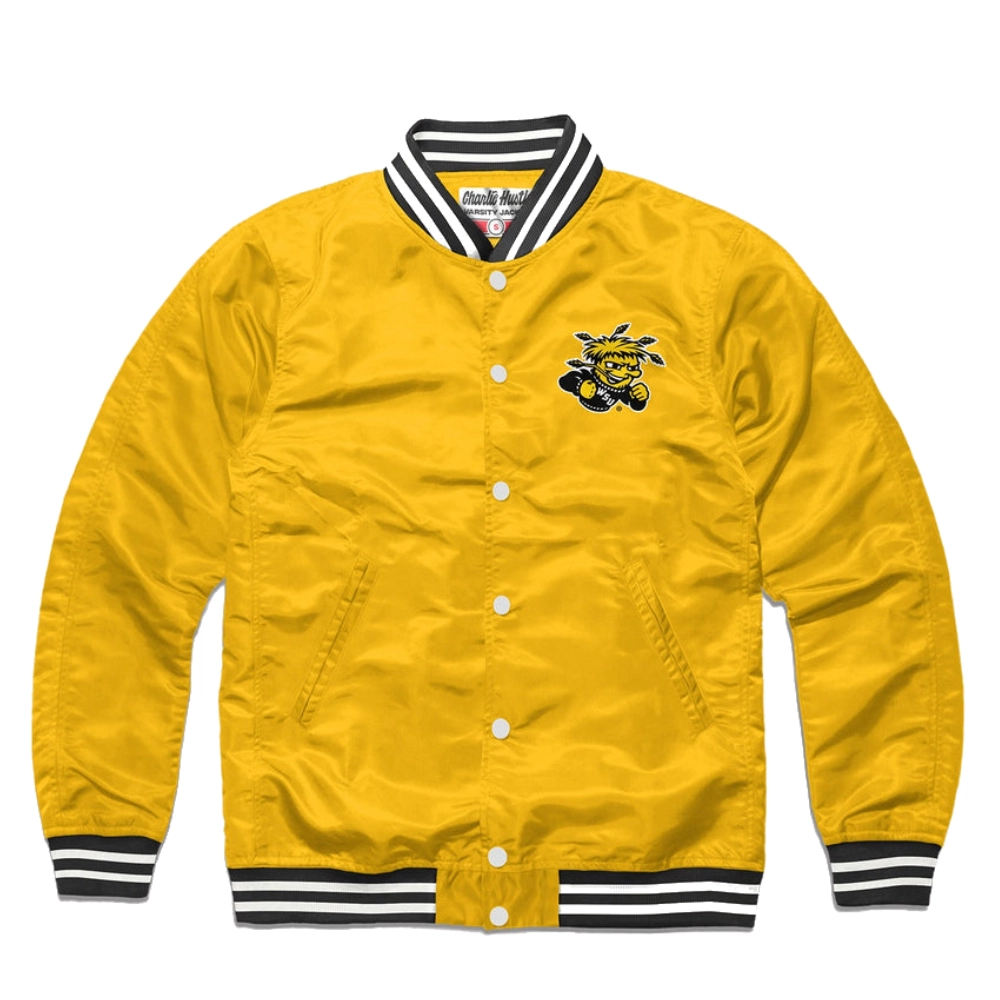 Wichita state shockers full snap satin varsity jacket yellow 1