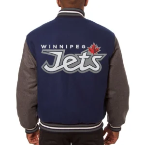 Winnipeg jets handmade two tone wool varsity jacket navy gray 1 1