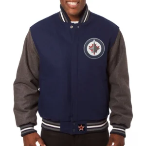 Winnipeg jets handmade two tone wool varsity jacket navy gray 1