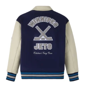 Winnipeg jets navycream full snap wool leather jacket