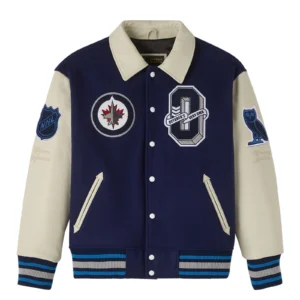 Winnipeg jets navycream full snap wool leather varsity jacket
