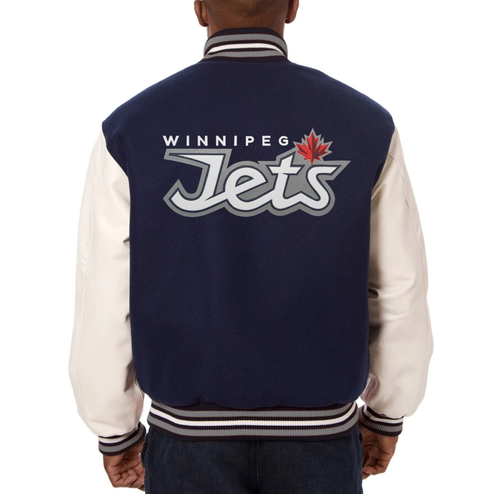 Winnipeg jets two tone wool leather varsity jacket navy white 1 1