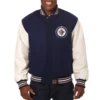 Winnipeg jets two tone wool leather varsity jacket navy white 1