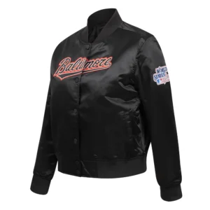 Womans baltimore orioles classic black satin varsity jacket 6