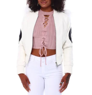 Womens 8 ball white bomber leather jacket 001