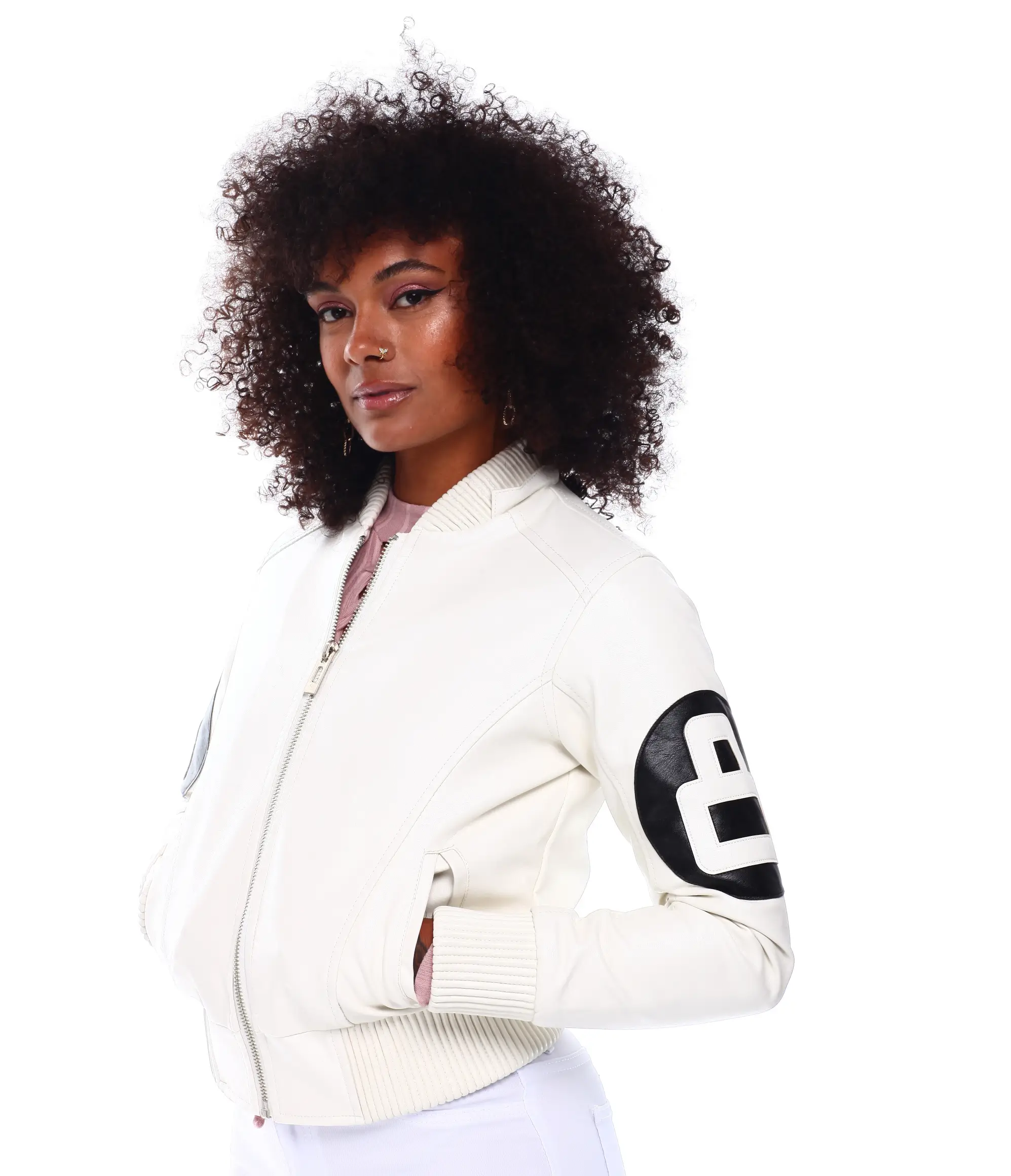 Womens 8 ball white bomber leather jacket 002