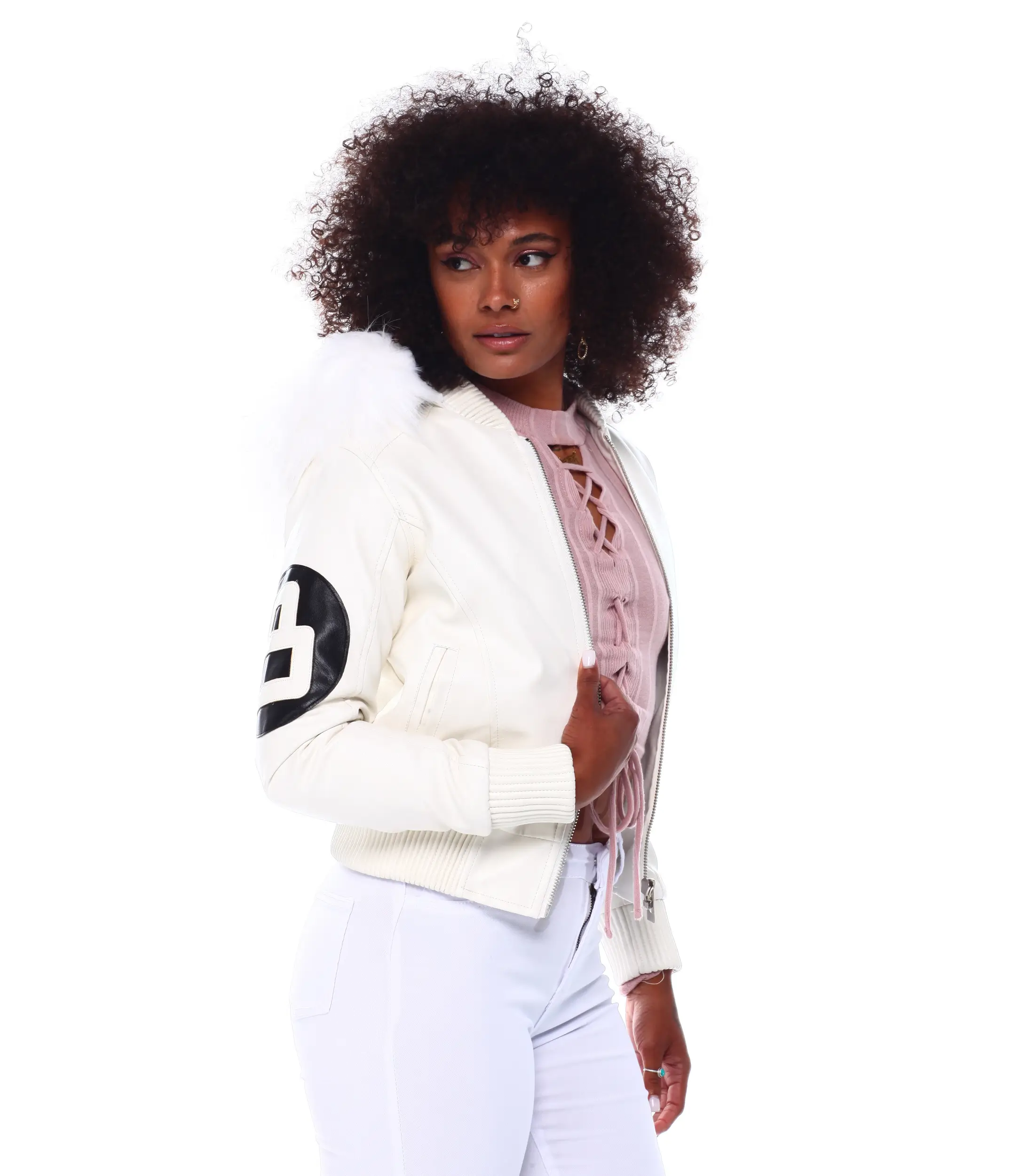 Womens 8 ball white bomber leather jacket 003