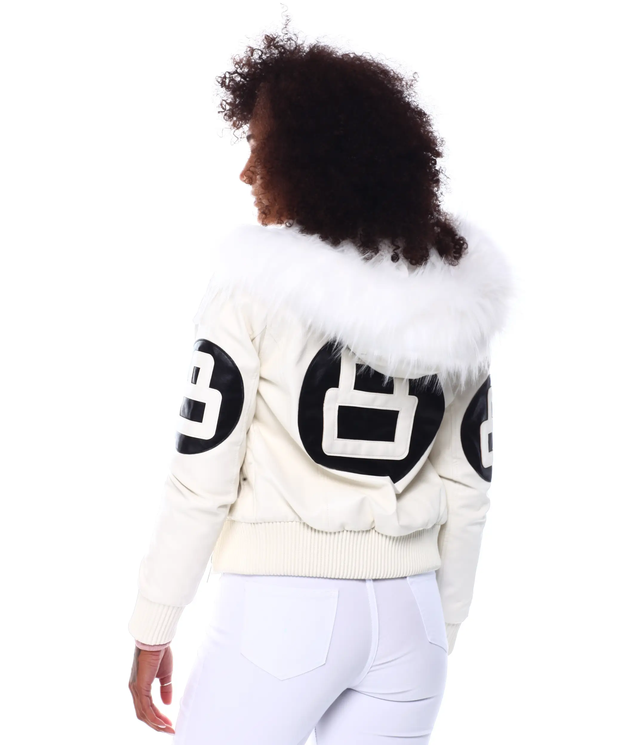 Womens 8 ball white bomber leather jacket 004