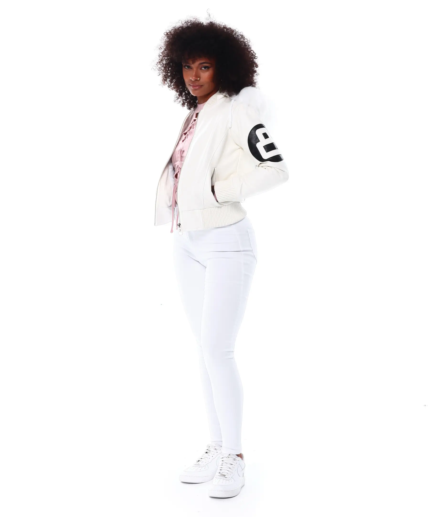 Womens 8 ball white bomber leather jacket 005