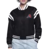 Womens arizona diamondbacks round printed logo cropped black satin varsity jacket 1