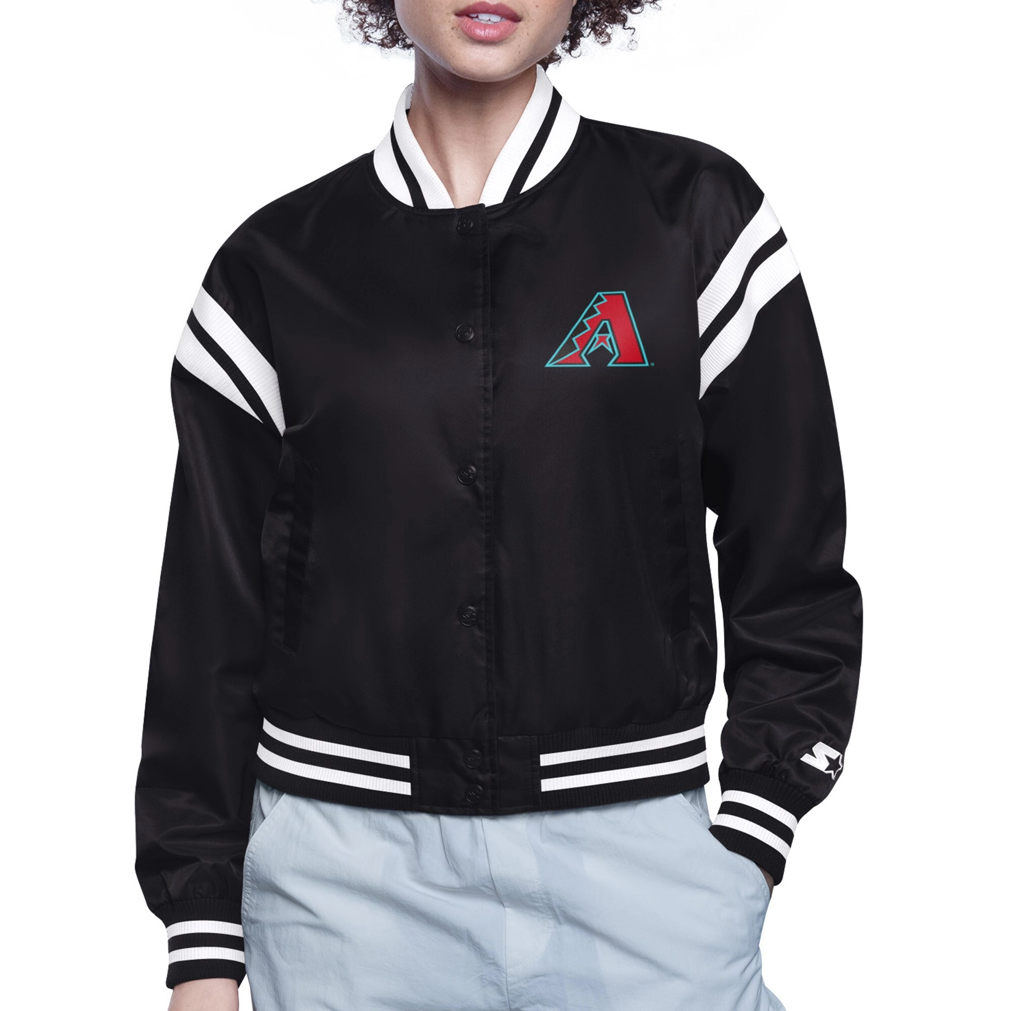 Womens arizona diamondbacks round printed logo cropped black satin varsity jacket 1