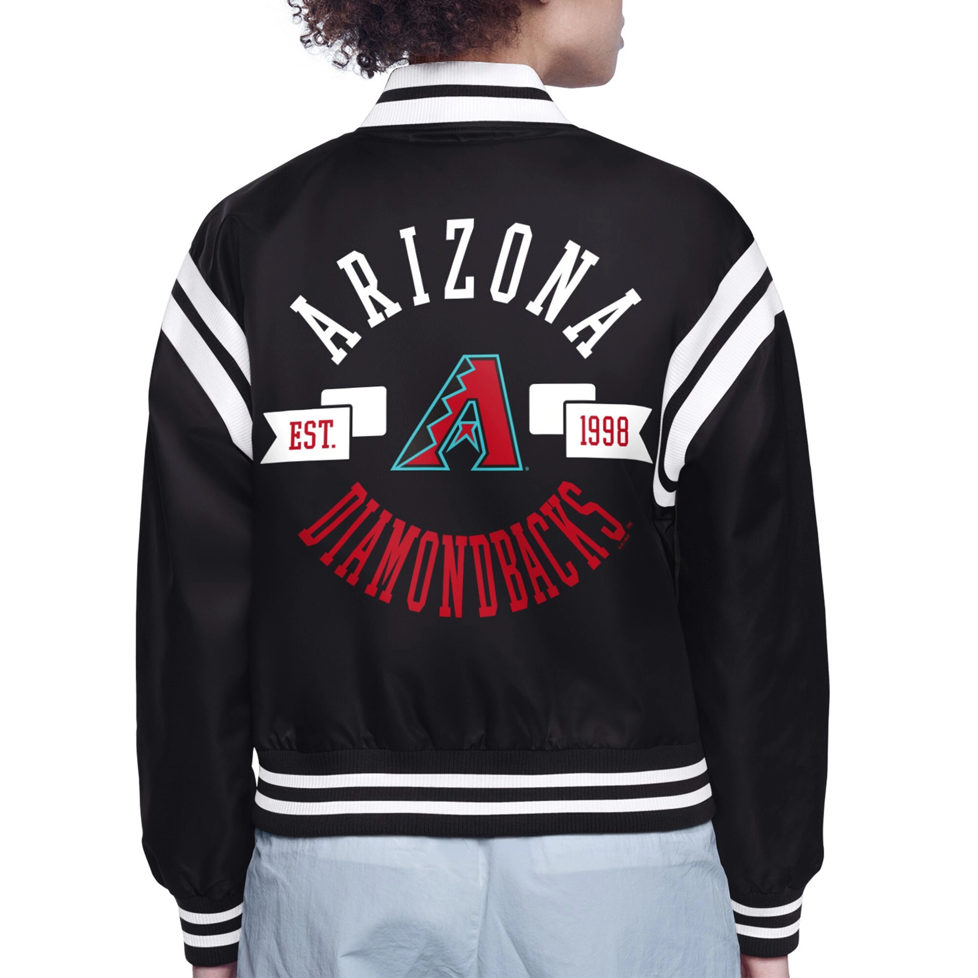 Womens arizona diamondbacks round printed logo cropped black satin varsity jacket