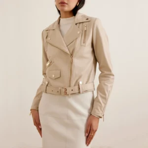 Womens asymmetrical beige leather biker jacket