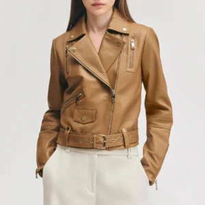 Womens asymmetrical caramel leather biker jacket