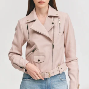 Womens asymmetrical dusty pink leather biker jacket