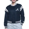 Womens atlanta braves round printed logo cropped navy satin varsity jacket 1