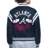 Womens atlanta braves round printed logo cropped navy satin varsity jacket