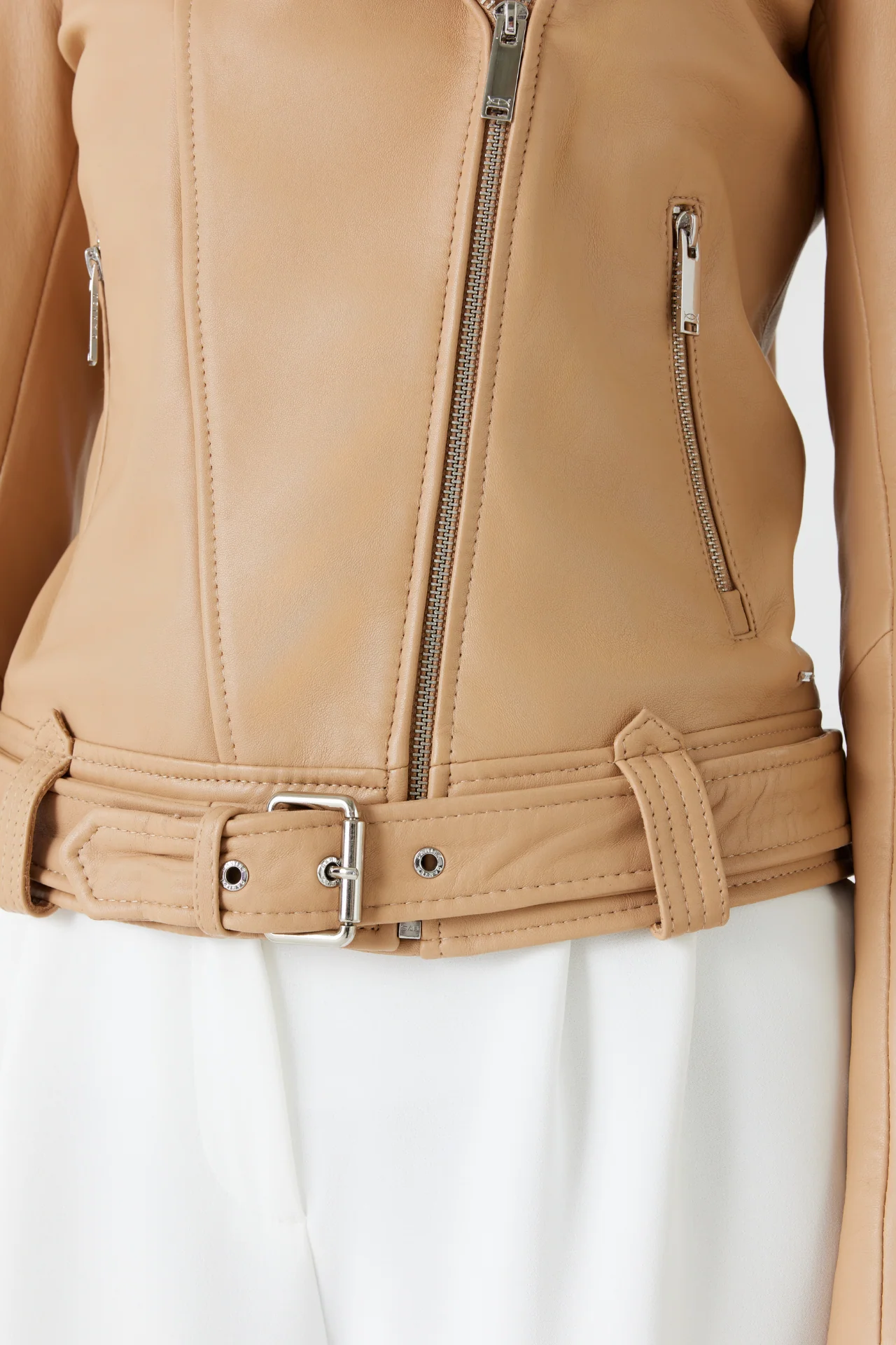 Womens beige leather biker jacket belted