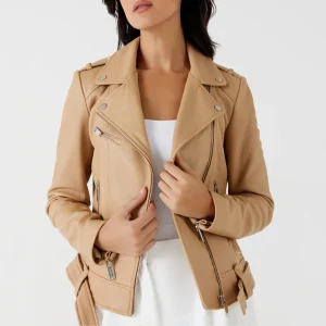 Womens belted beige leather biker jacket