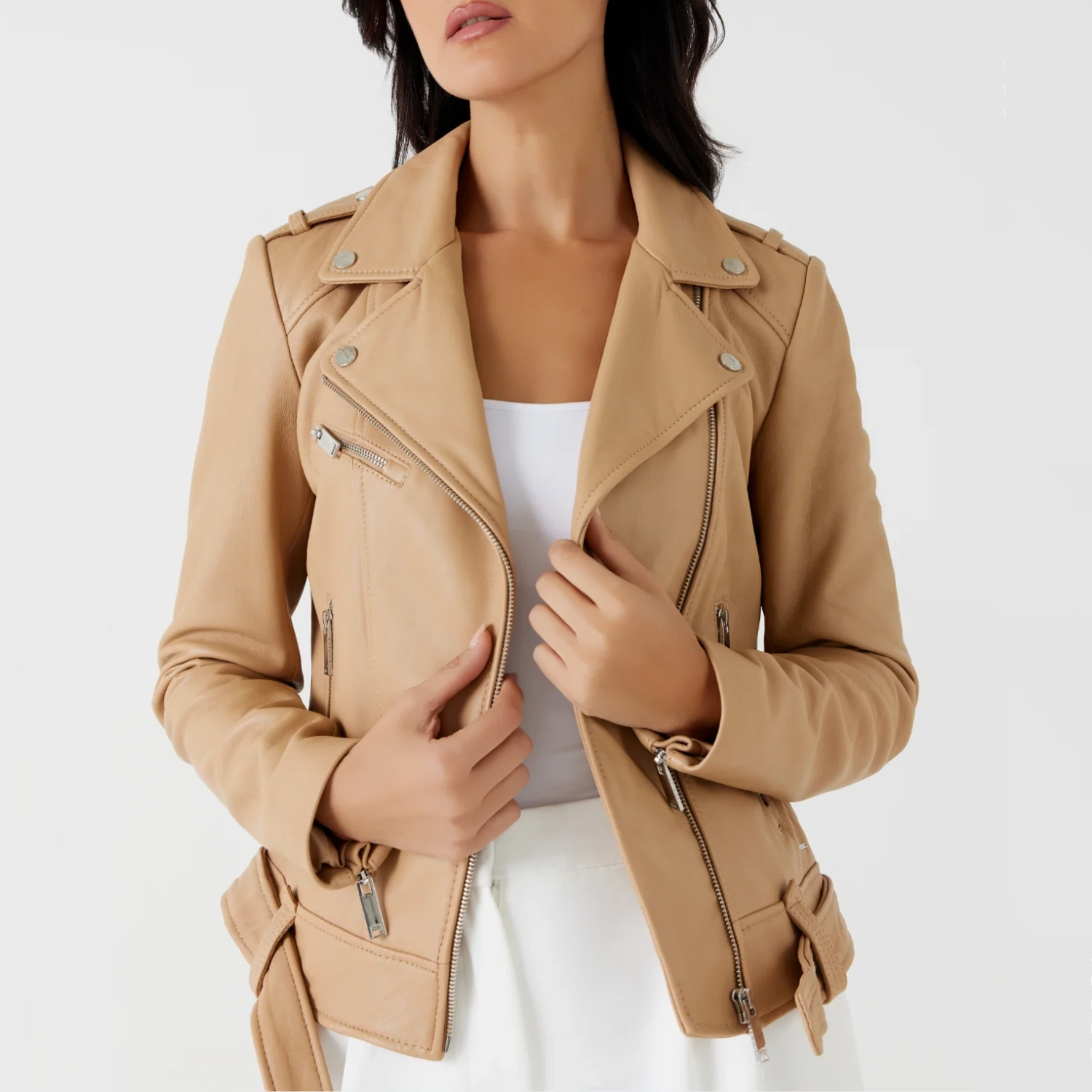 Womens belted beige leather biker jacket