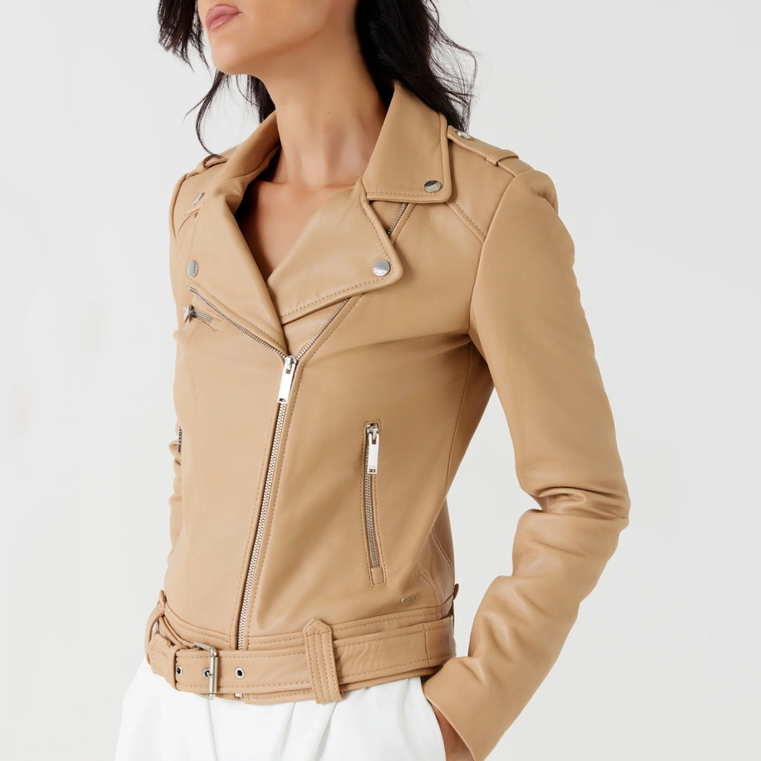 Womens belted beige leather jacket