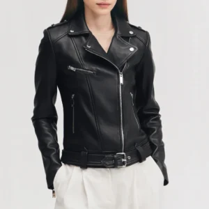 Womens belted black leather biker jacket