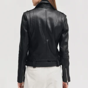 Womens belted black leather jacket