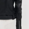 Womens belted blcak leather biker jacket zipper cuffs