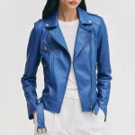 Women's Belted Blue Leather Biker Jacket