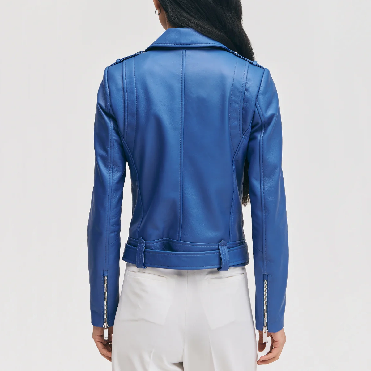 Womens belted blue leather jacket