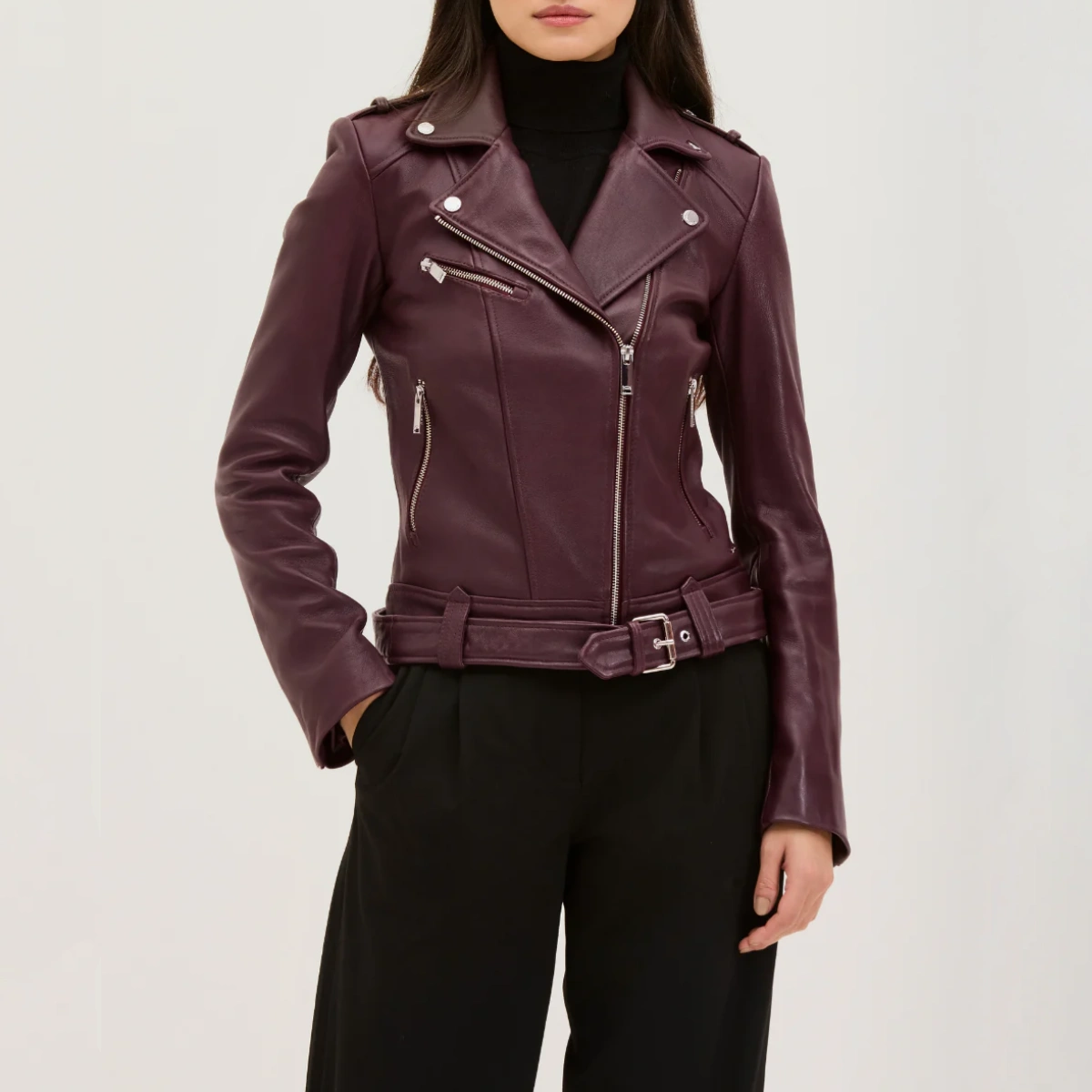 Womens belted burgundy biker jacket