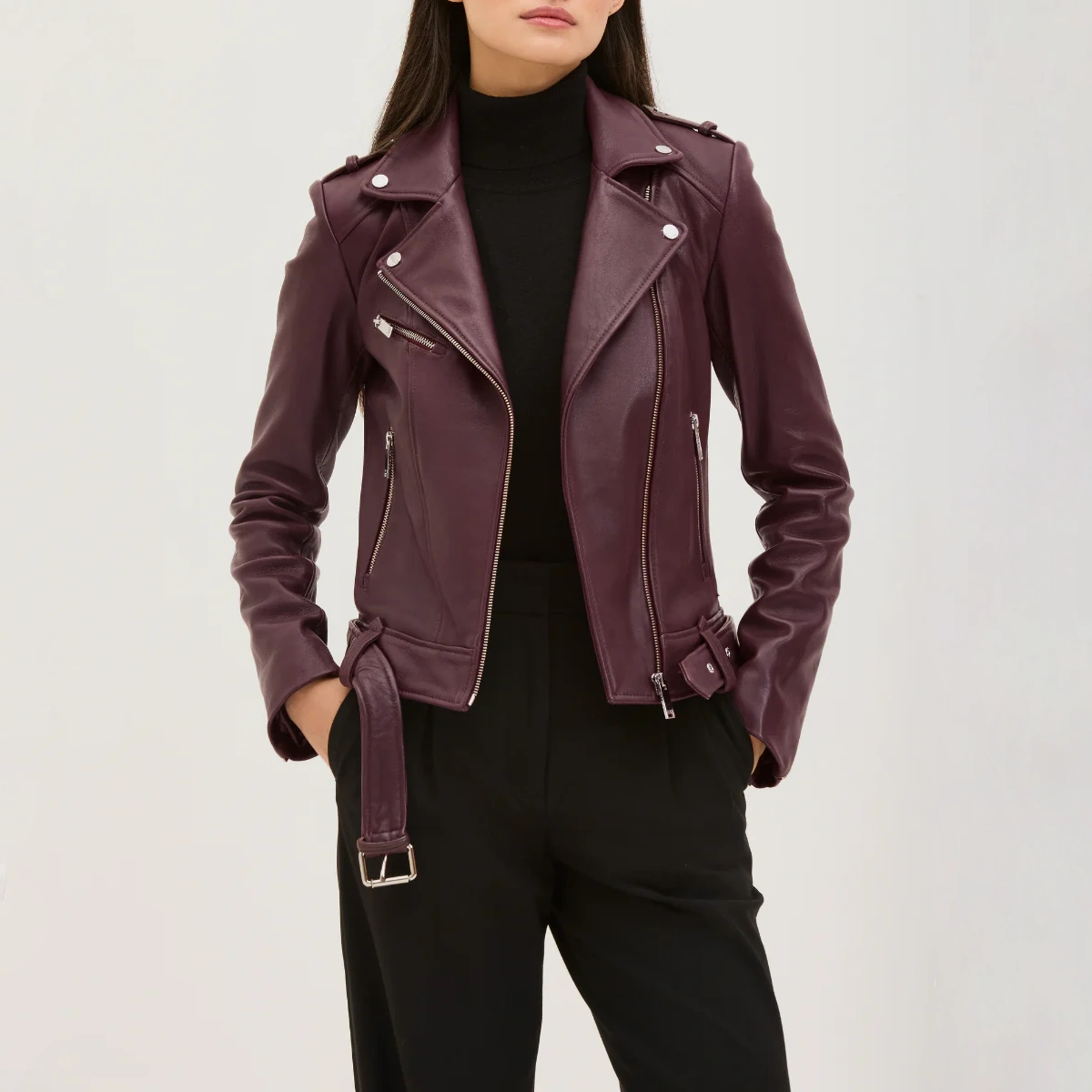 Womens belted burgundy leather biker jacket